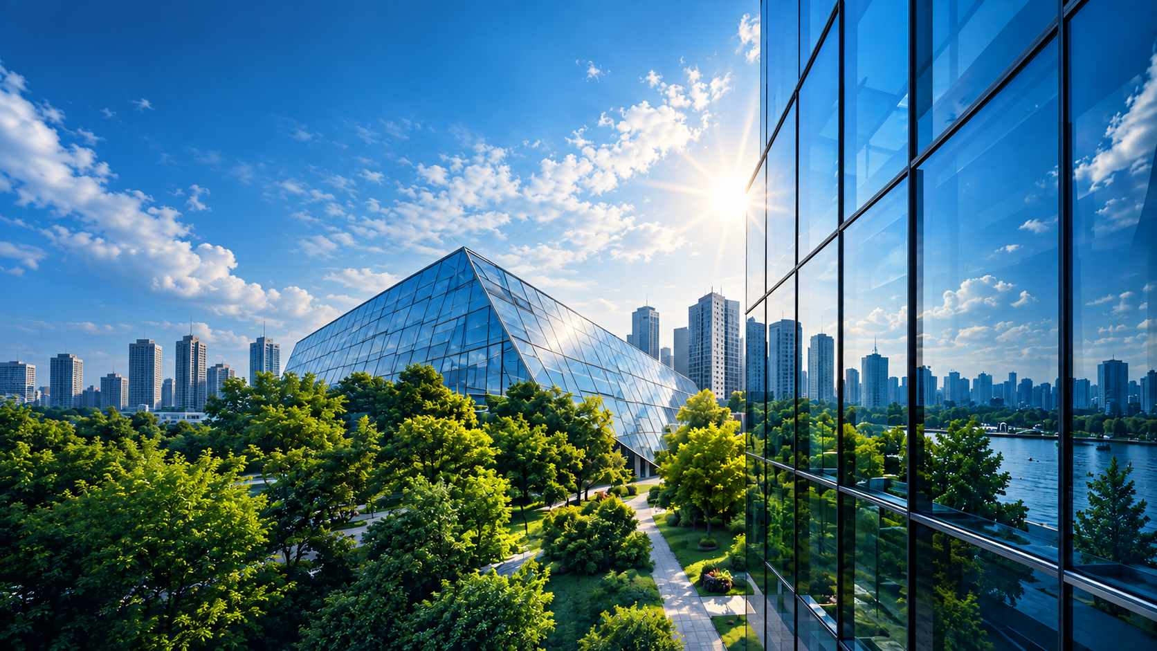 Fachada de vidro azul e arquitetura contemporânea